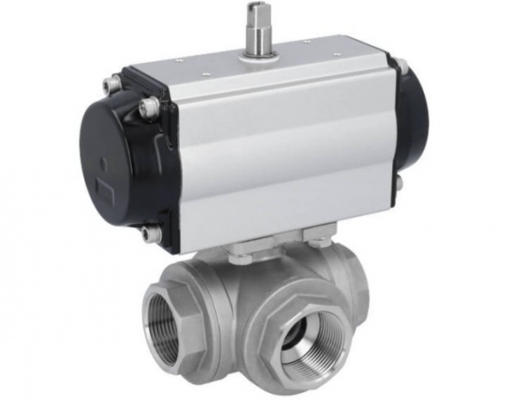 Кран шаровый Kugelhahn-GD, 11/4", mit Antrieb-OD, DW65, Edelstahl/PTFE-FKM, L-Bohrung, doppeltwirkend